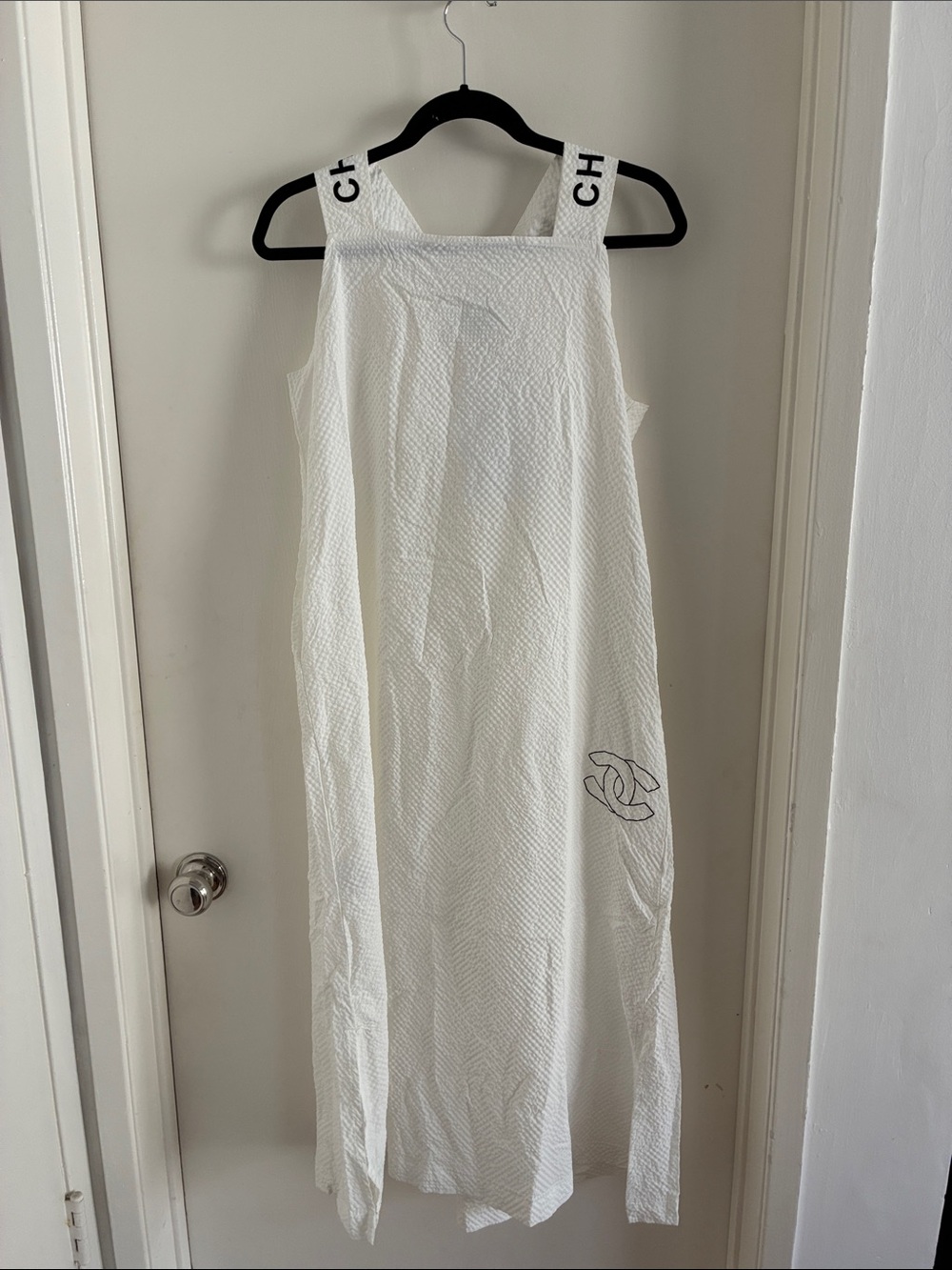 CHANEL White Textured Logo Strap Maxi Dress size Medium